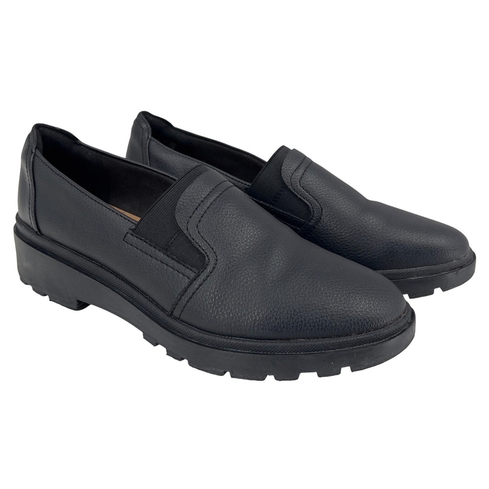Clarks Collection Womens 9 Black Leather Slip On Loafer Lug Sole Comfort Uniform